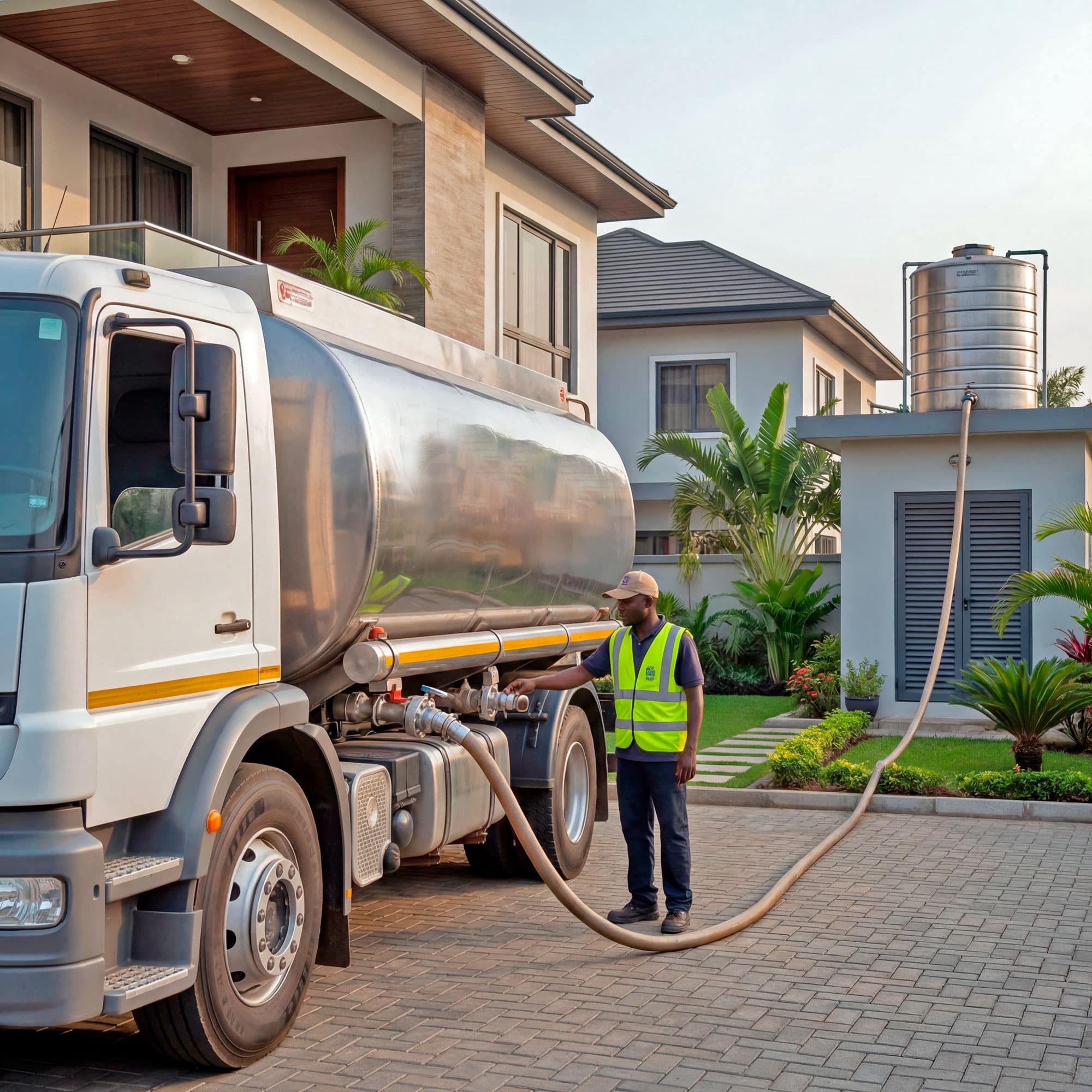 Fuel tanker refuelling a diesel generator outside a home